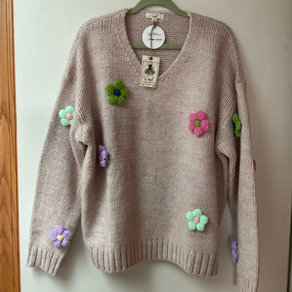 Floral Knit Sweater - Beige with Multicolor Accents